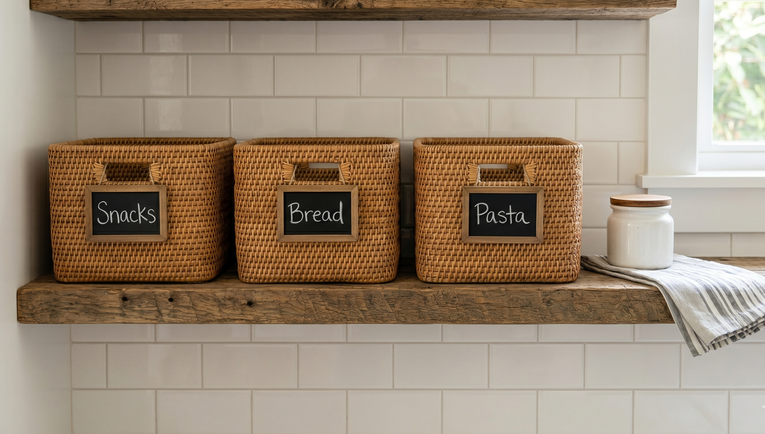 Farmhouse pantry shelf with matching woven baskets labeled with chalkboard tags