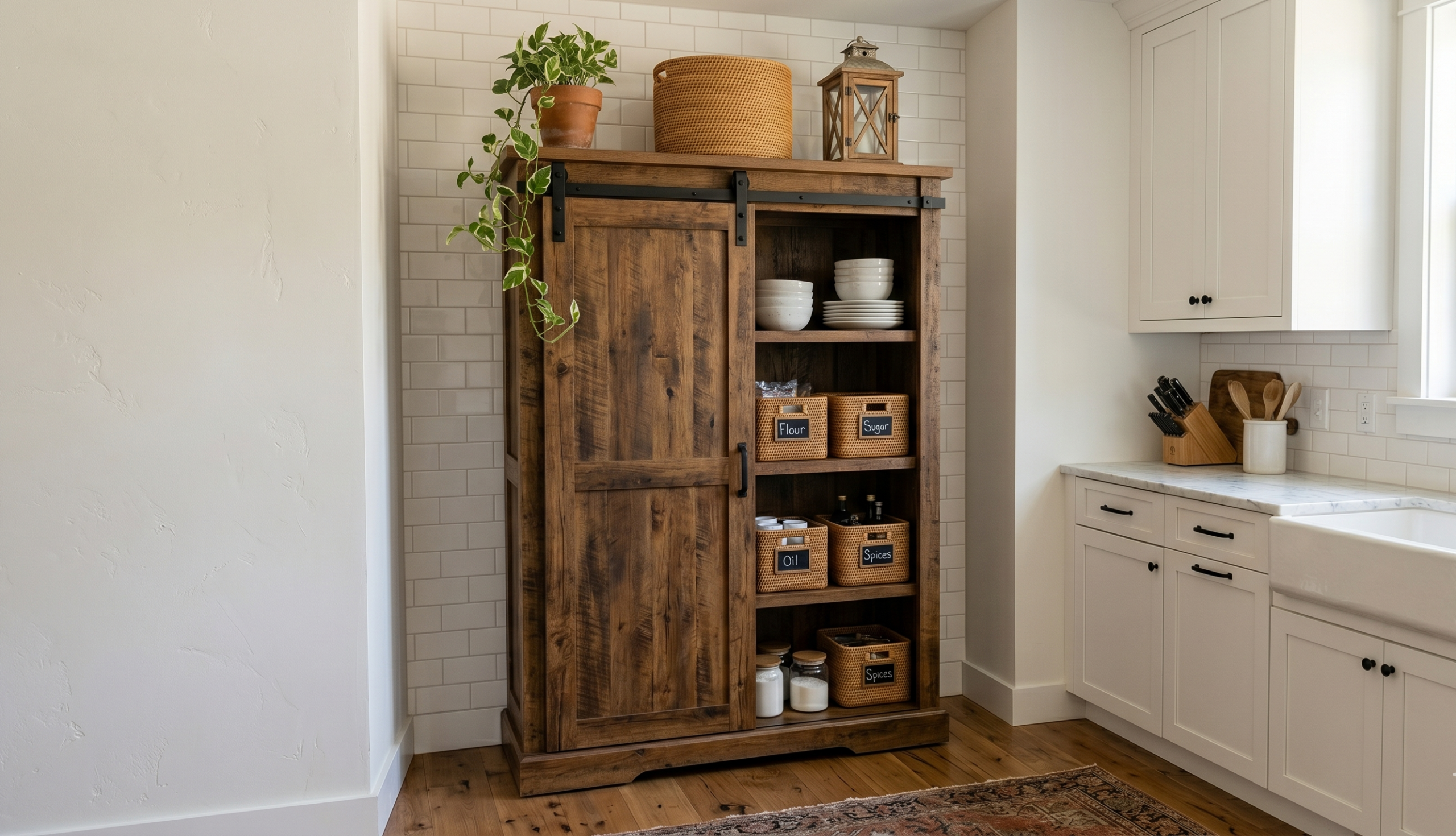 72-inch farmhouse pantry cabinet with barn doors styled with plant on top and organized baskets inside