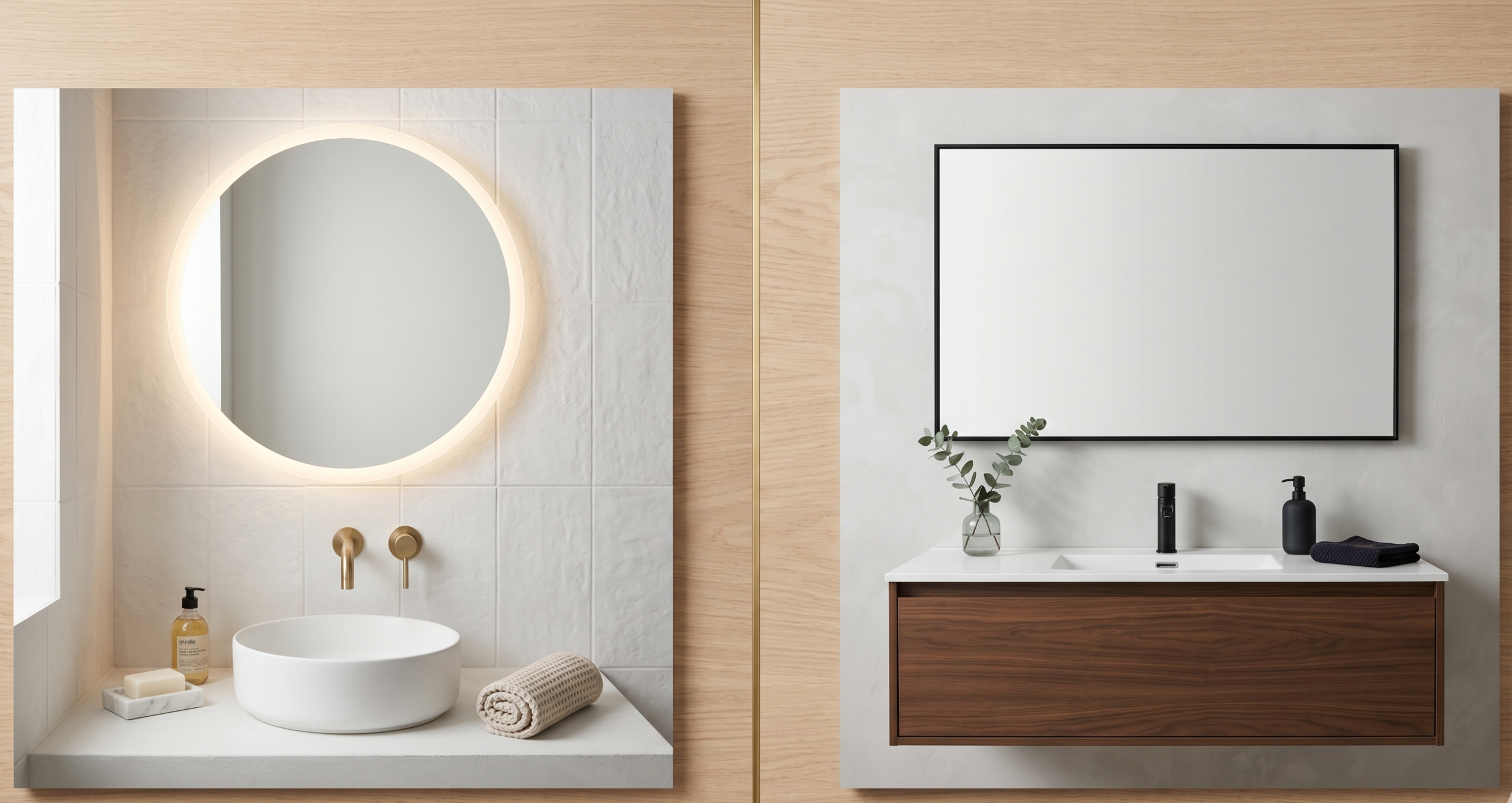 LED mirror vs black framed mirror in small white bathroom