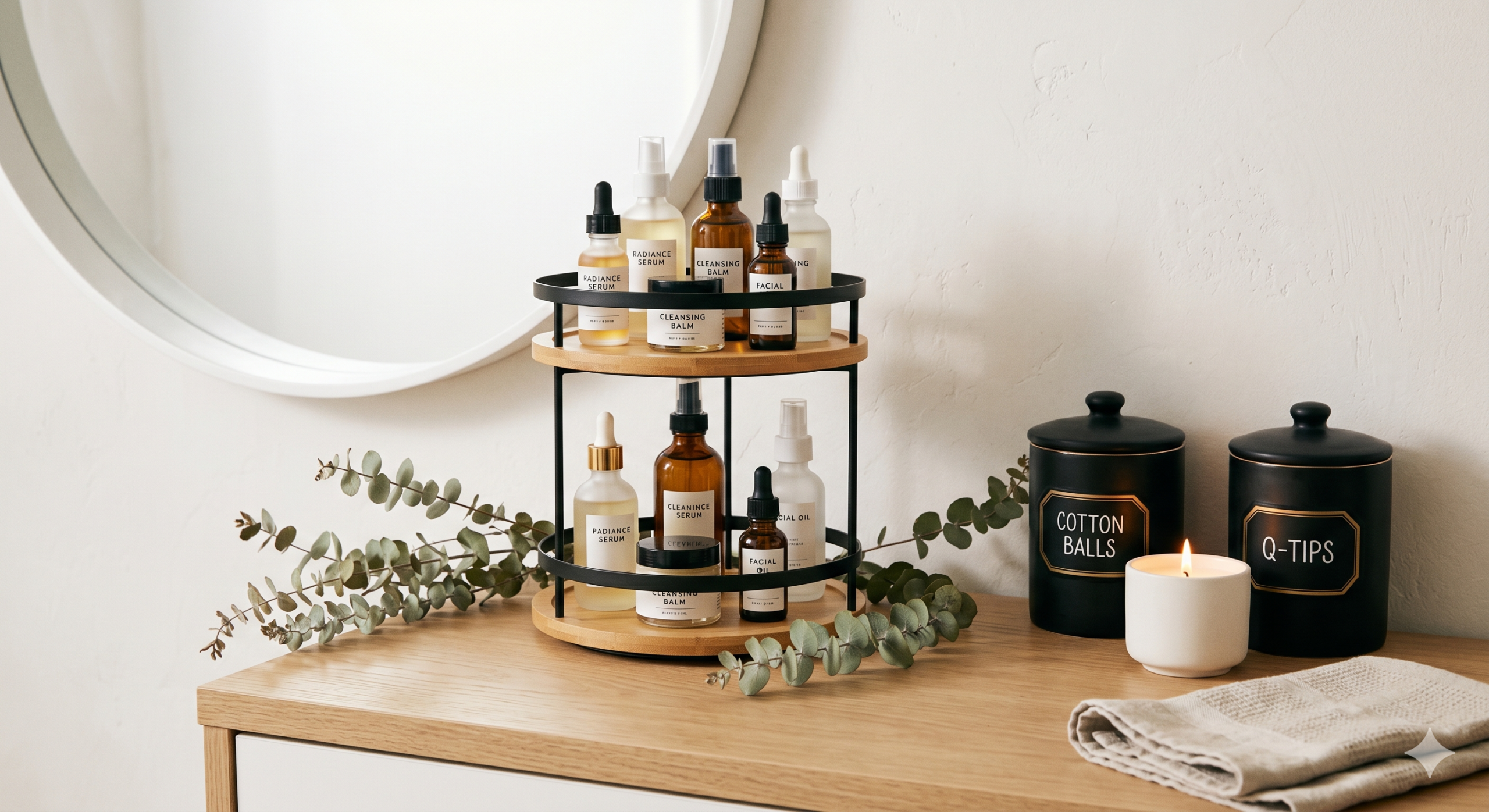 Styled bathroom counter with rotating organizer apothecary jars and candle