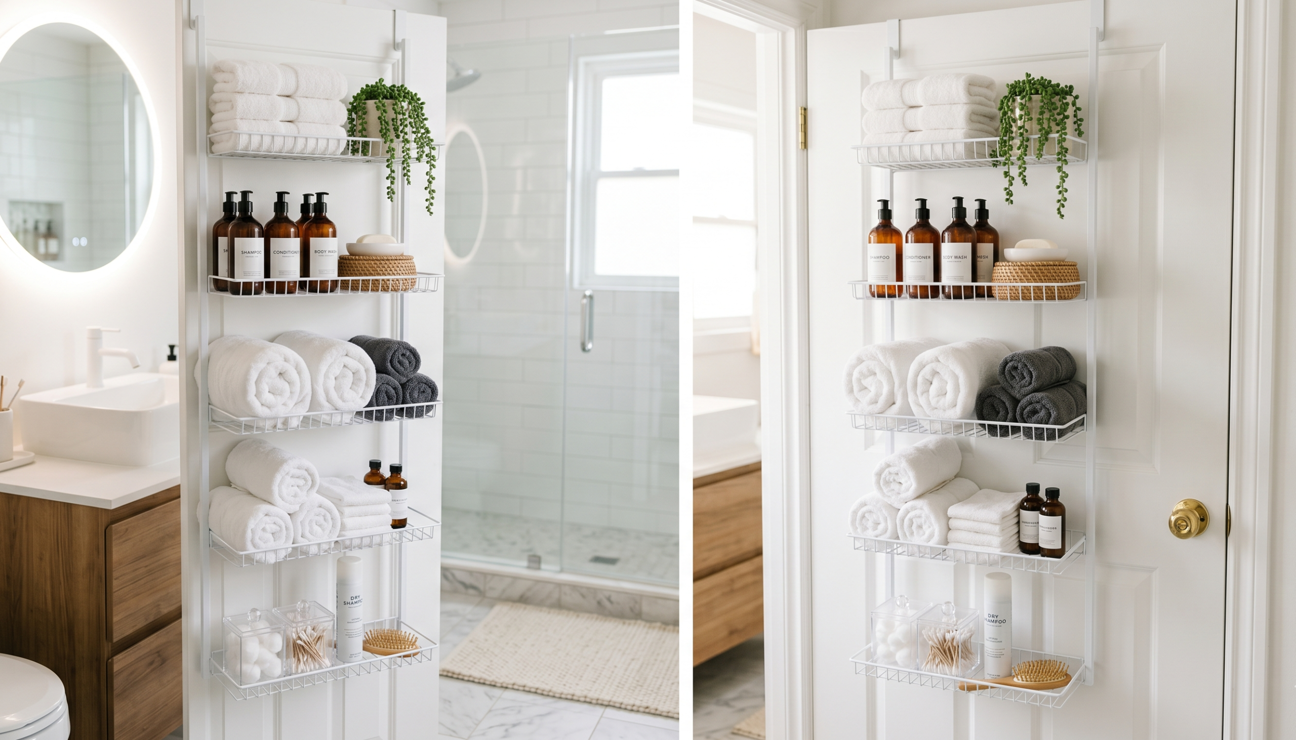 Behind door shelf styled with bathroom products