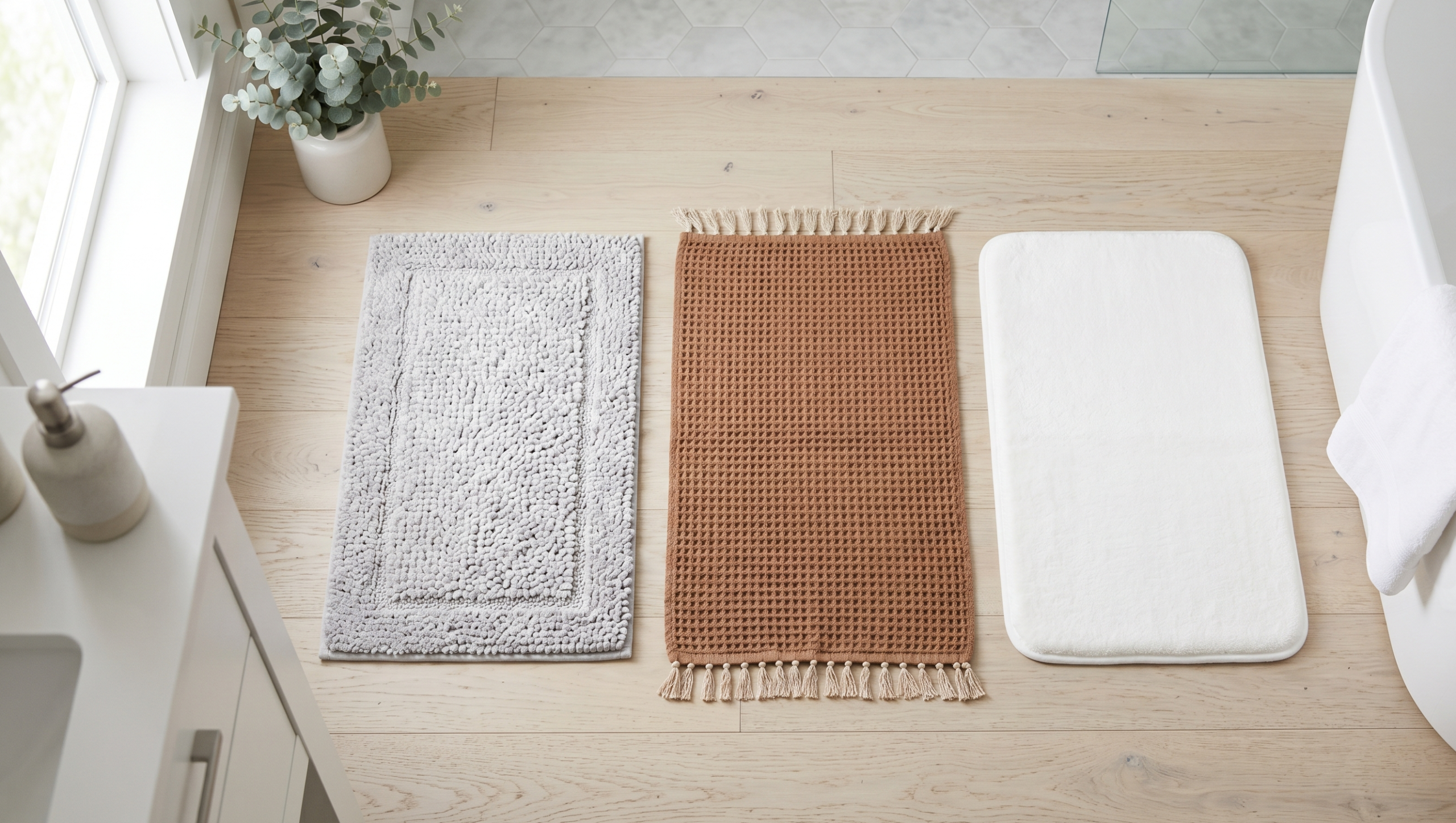 Three bath rug styles chenille waffle and memory foam on light floor