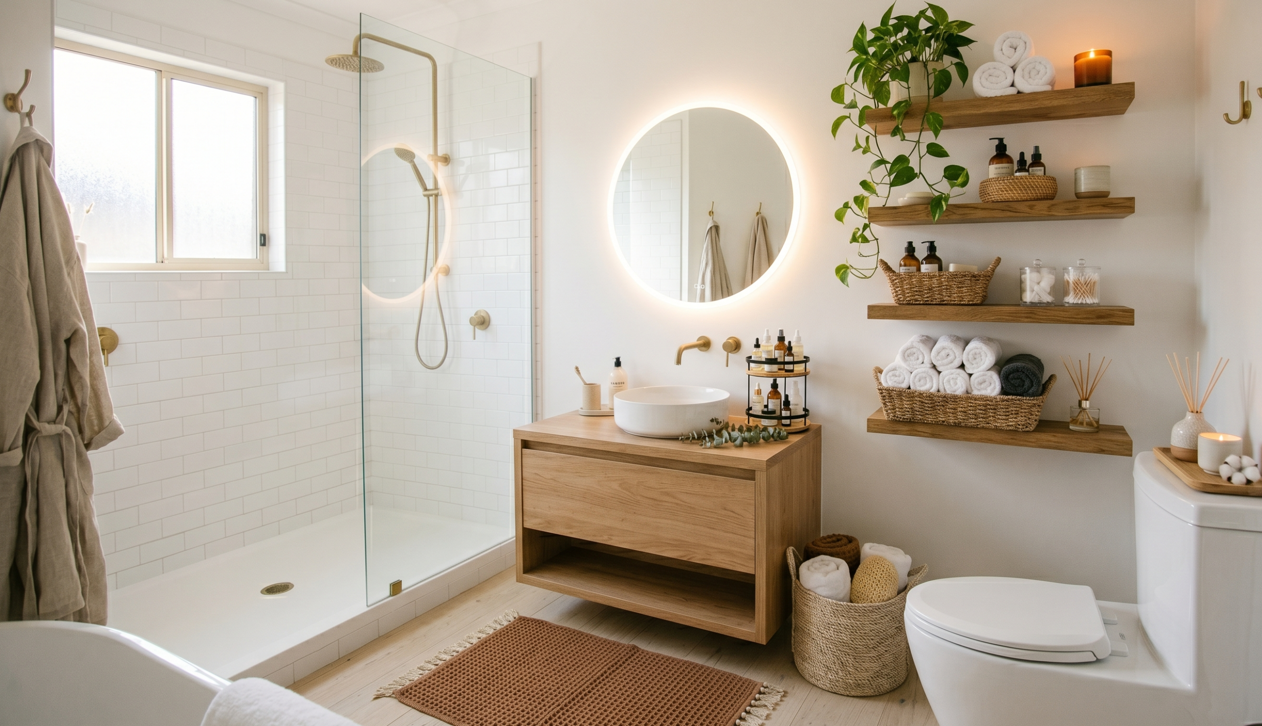 Fully decorated small bathroom with mirror shelves rug towels and plants