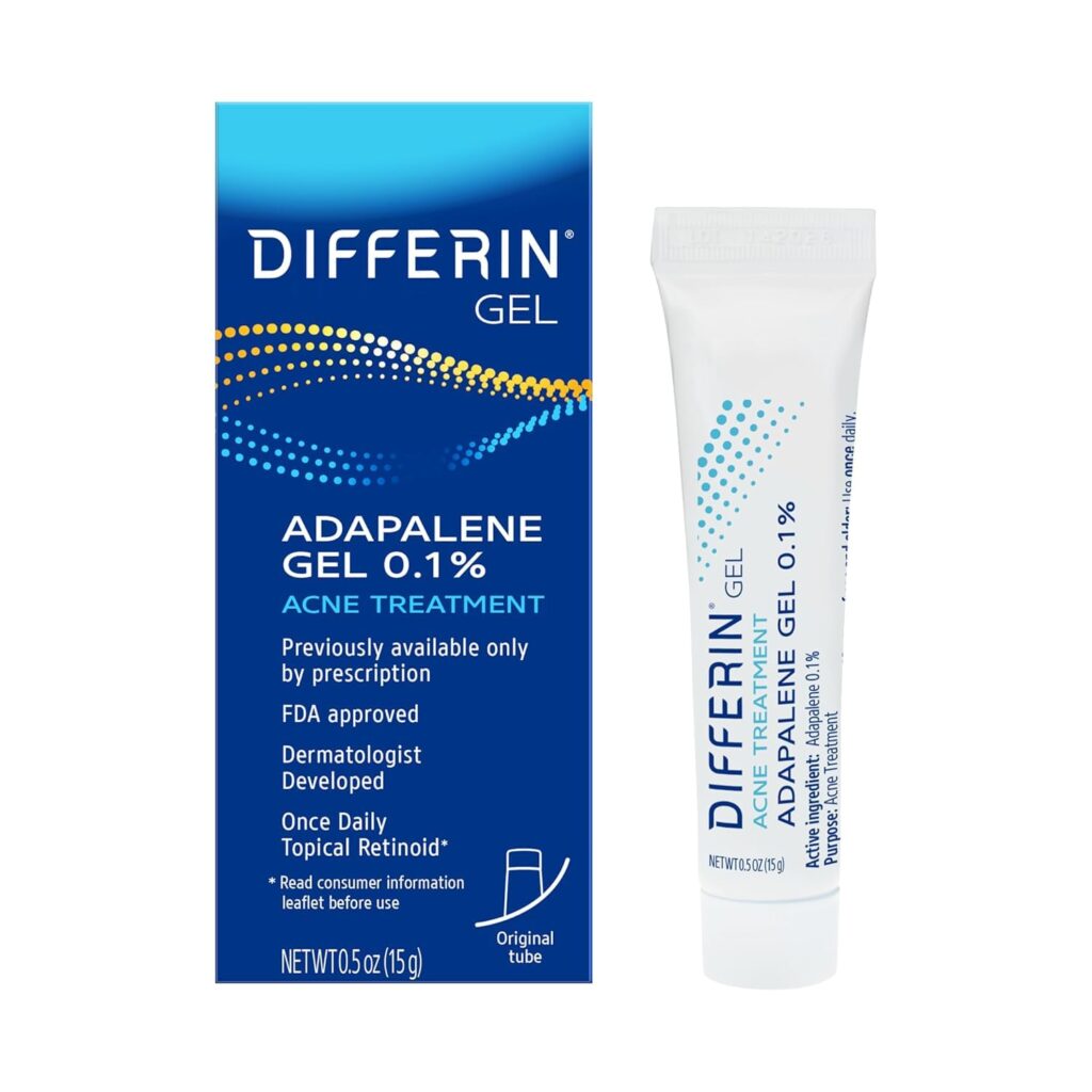 Differin Adapalene Gel 0.1% acne treatment retinoid for a clear glowing skin nighttime routine.