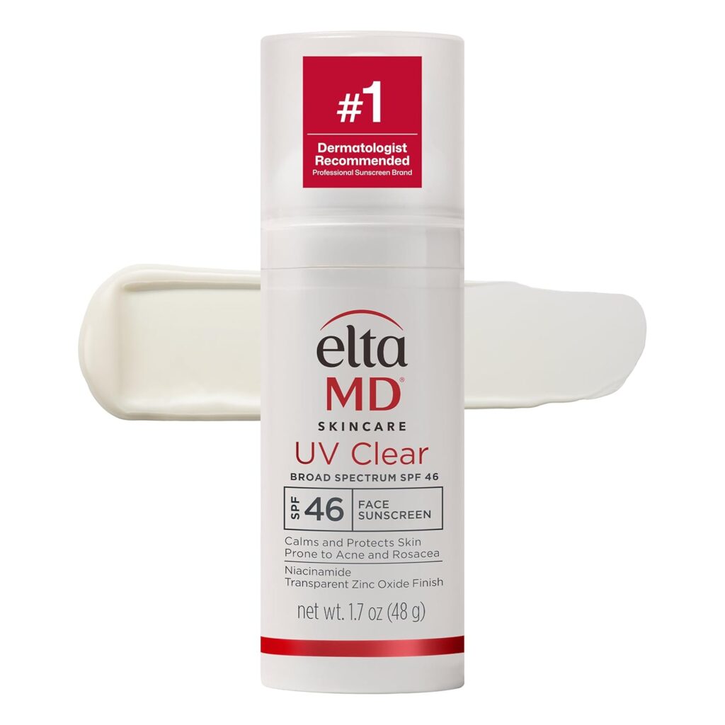 EltaMD UV Clear Broad-Spectrum SPF 46 face sunscreen for acne-prone and sensitive skin in a clear glowing skin routine.
