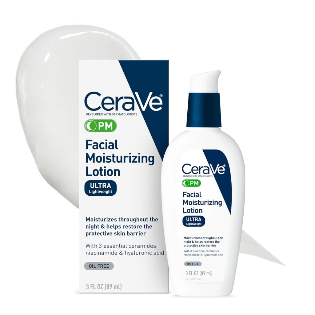 CeraVe PM Facial Moisturizing Lotion with ceramides, niacinamide, and hyaluronic acid for nighttime hydration in a clear glowing skin routine.