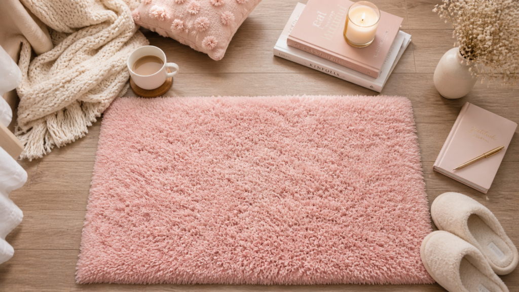 Pink fluffy rug on light wood floor styled with books, candle, slippers, and a soft blanket in a cozy feminine flat lay with neutral tones and natural light.
