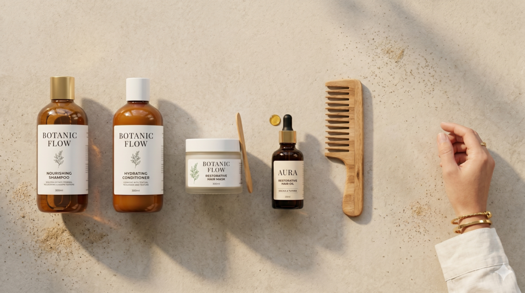 A direct top-down photograph on a textured, sand-colored surface shows five haircare products arranged in a row and a person's hand on the right. From left to right are: a dark amber glass bottle labeled "BOTANIC FLOW NOURISHING SHAMPOO", a light amber bottle labeled "BOTANIC FLOW NOURISHING CONDITIONER", a white jar labeled "BOTANIC FLOW RESTORATIVE HAIR MASK" with a wooden stick resting against it, a smaller amber dropper bottle labeled "AURA RESTORATIVE HAIR OIL", and a wooden comb. An individual droplet of oil sits above the small dropper bottle. Small amounts of golden sand are scattered near the products. The scene is lit by warm, low-angle light that creates long shadows to the left. The person's hand is wearing two gold bracelets and a gold ring and is reaching toward the right.