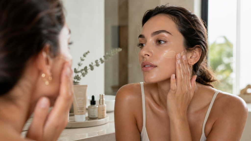Woman applying tinted sunscreen to her face in front of a mirror, with glowing dewy skin, soft natural morning light, and a minimal neutral-toned bathroom setting.