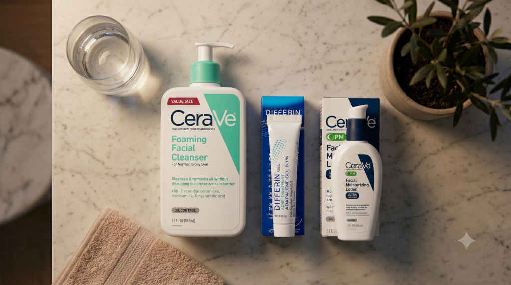 Clear glowing skin routine with CeraVe Foaming Facial Cleanser, Differin Adapalene Gel, and CeraVe PM Facial Moisturizing Lotion on a marble countertop.