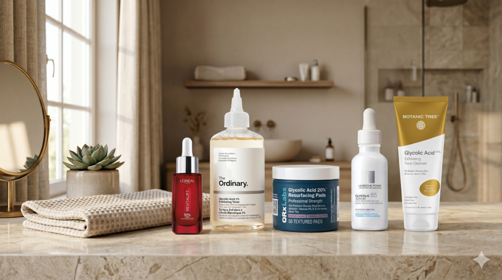 A curated, premium collection of glycolic acid skincare products displayed on a polished luxury marble countertop. This editorial-style image features a 10% Glycolic Acid serum in an amber glass dropper bottle, an 8% AHA clarifying toner, glycolic acid exfoliating pads in a glass jar, and a glycolic acid facial cleanser in a pump bottle. The products all feature minimalist cream and gold labels with English text. The background is a modern bathroom with neutral tones, bathed in soft, natural sunlight, including a folded towel, a potted succulent, and a brass-rimmed mirror. Perfect for blog posts about facial exfoliation routines and AHA treatments