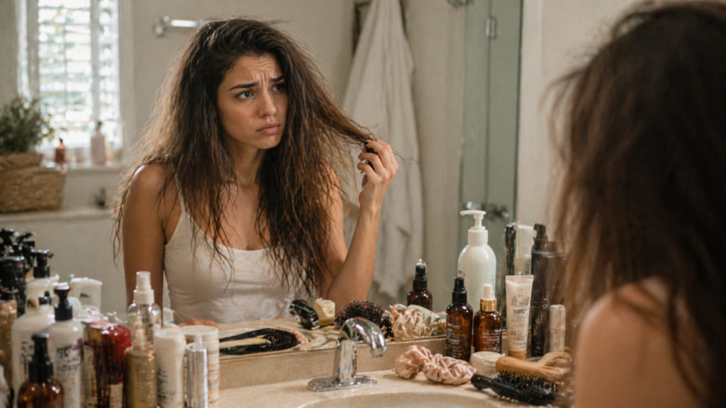 Woman looking at frizzy, dry hair in bathroom mirror with frustrated expression, messy countertop full of hair products, illustrating common haircare mistakes and damaged hair routine