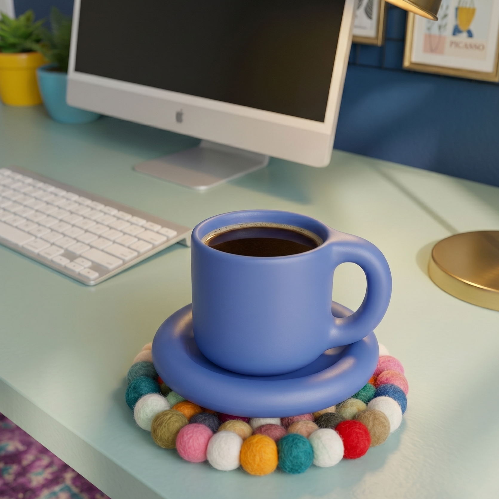 Blue coffee cup on colorful felt ball coaster