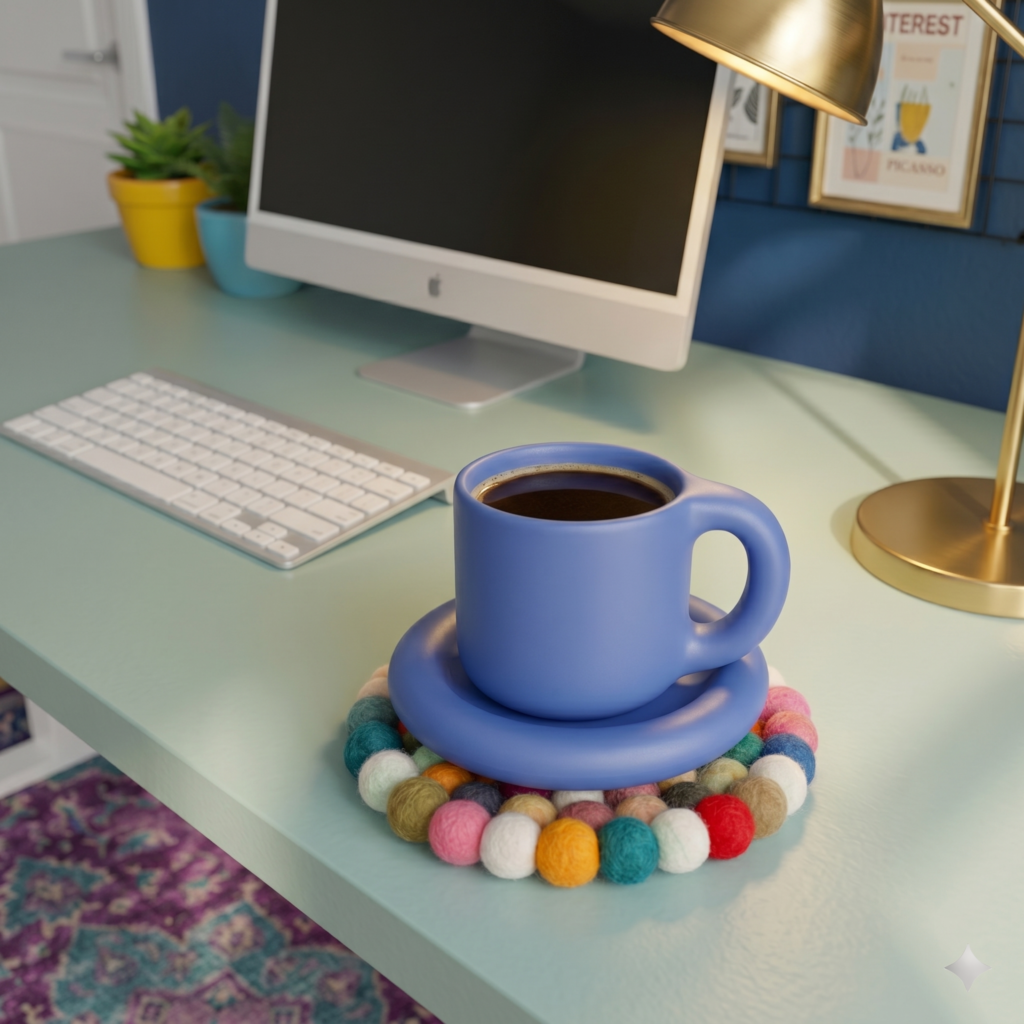 Blue coffee cup on colorful felt ball coaster