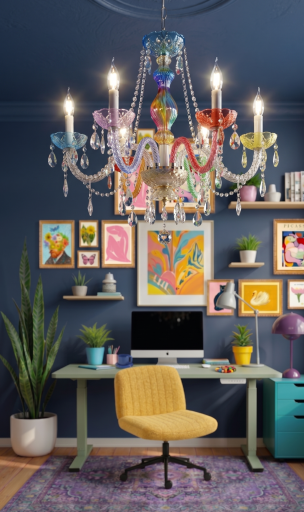 Colorful chandelier above bright home office with yellow chair