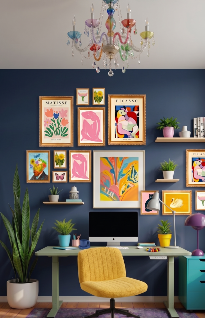 Colorful gallery wall with framed art prints above a desk