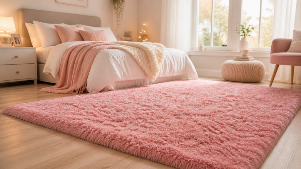 Soft pink fluffy rug on light wood floor in a cozy feminine bedroom with white bed, neutral bedding, blush pillows, and warm natural sunlight creating a calm Pinterest-style aesthetic.
