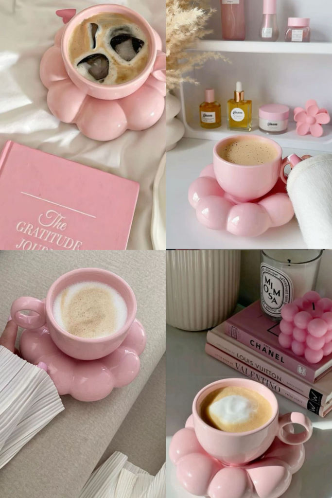 Pink coffee cup collage with flower saucer, books and cozy decor