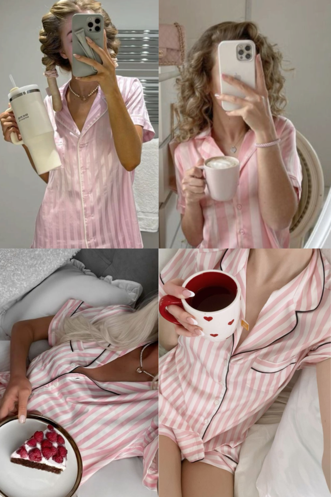 Pink striped pajamas with coffee, tea and cozy breakfast in bed