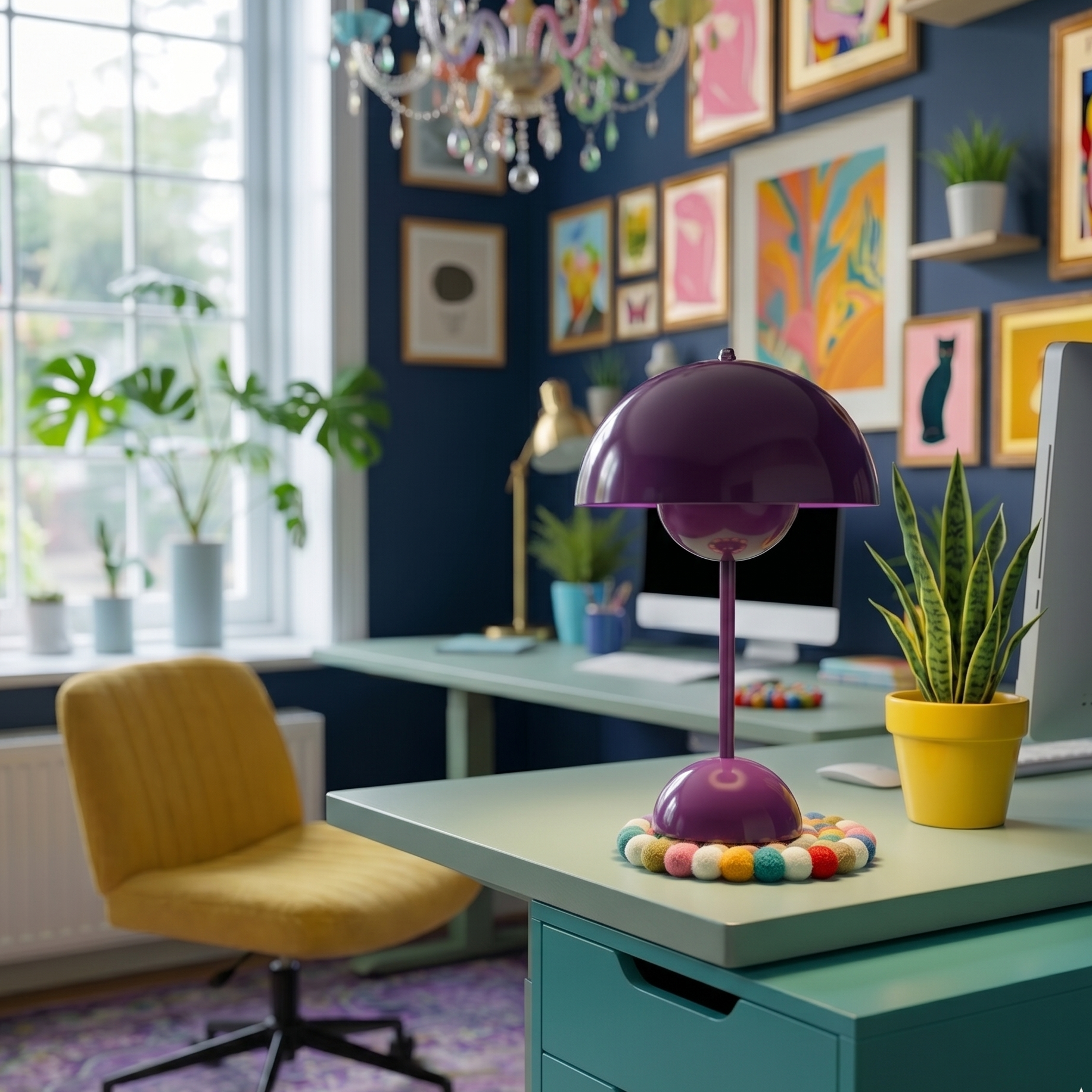 Purple desk lamp in colorful home office with yellow chair