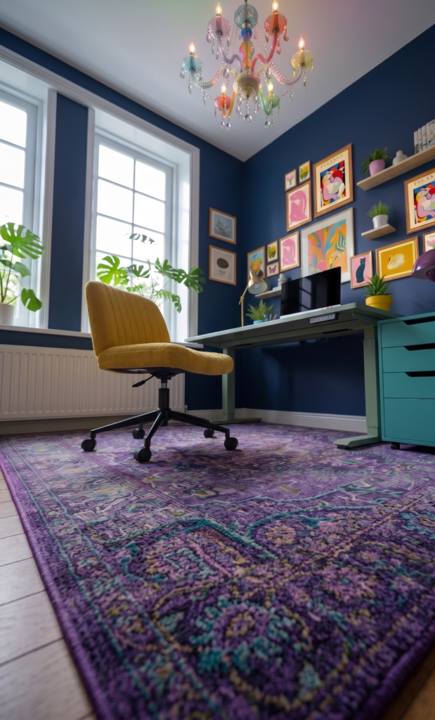 Purple patterned rug in colorful home office with yellow chair