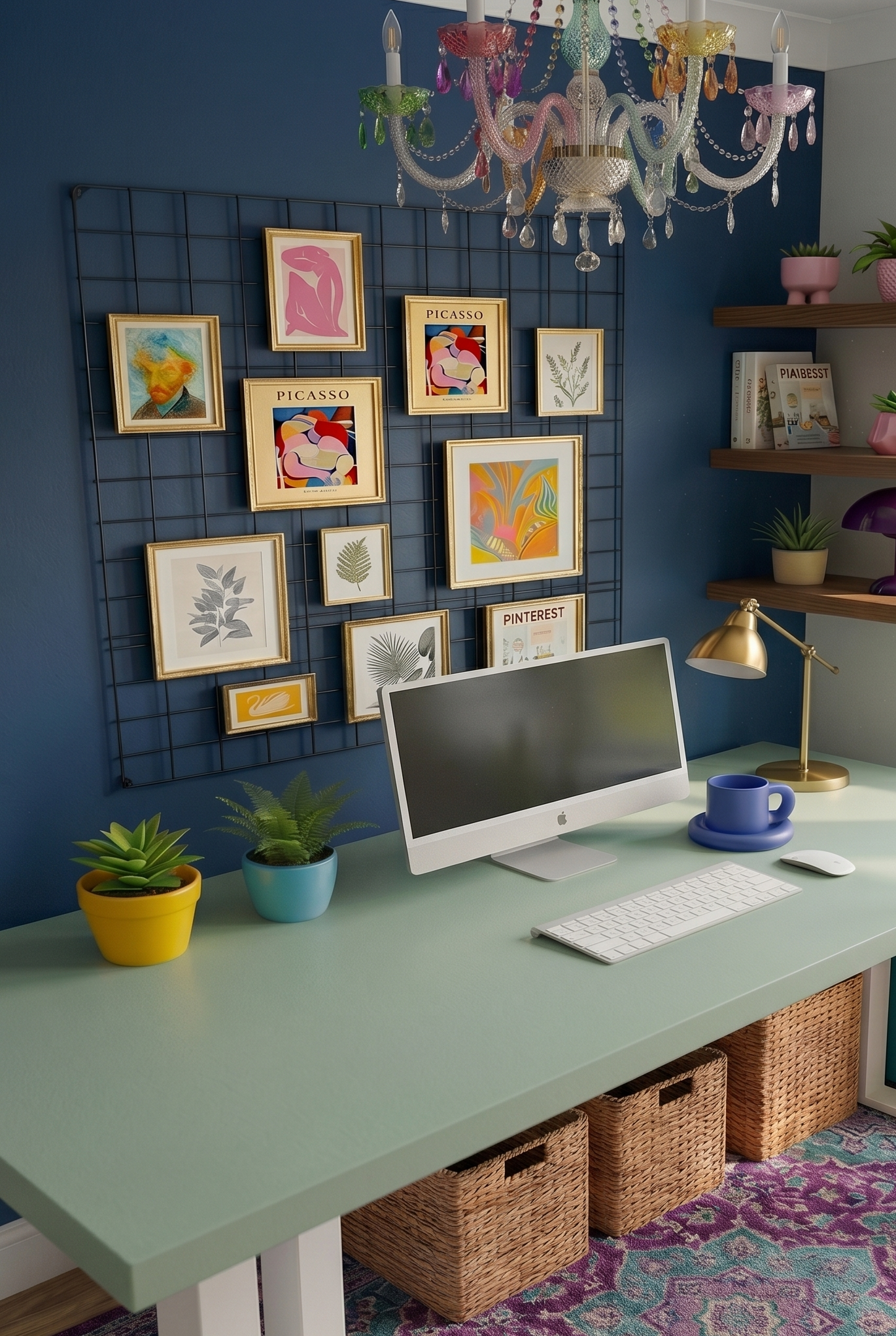 Stylish home office with colorful chandelier and framed wall art