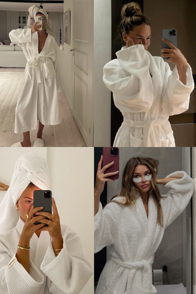 White bathrobe collage with towel wrap and skincare self-care routine