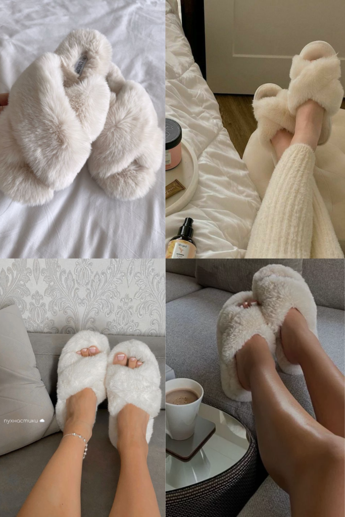 White fluffy slippers collage with cozy bedroom and coffee aesthetic