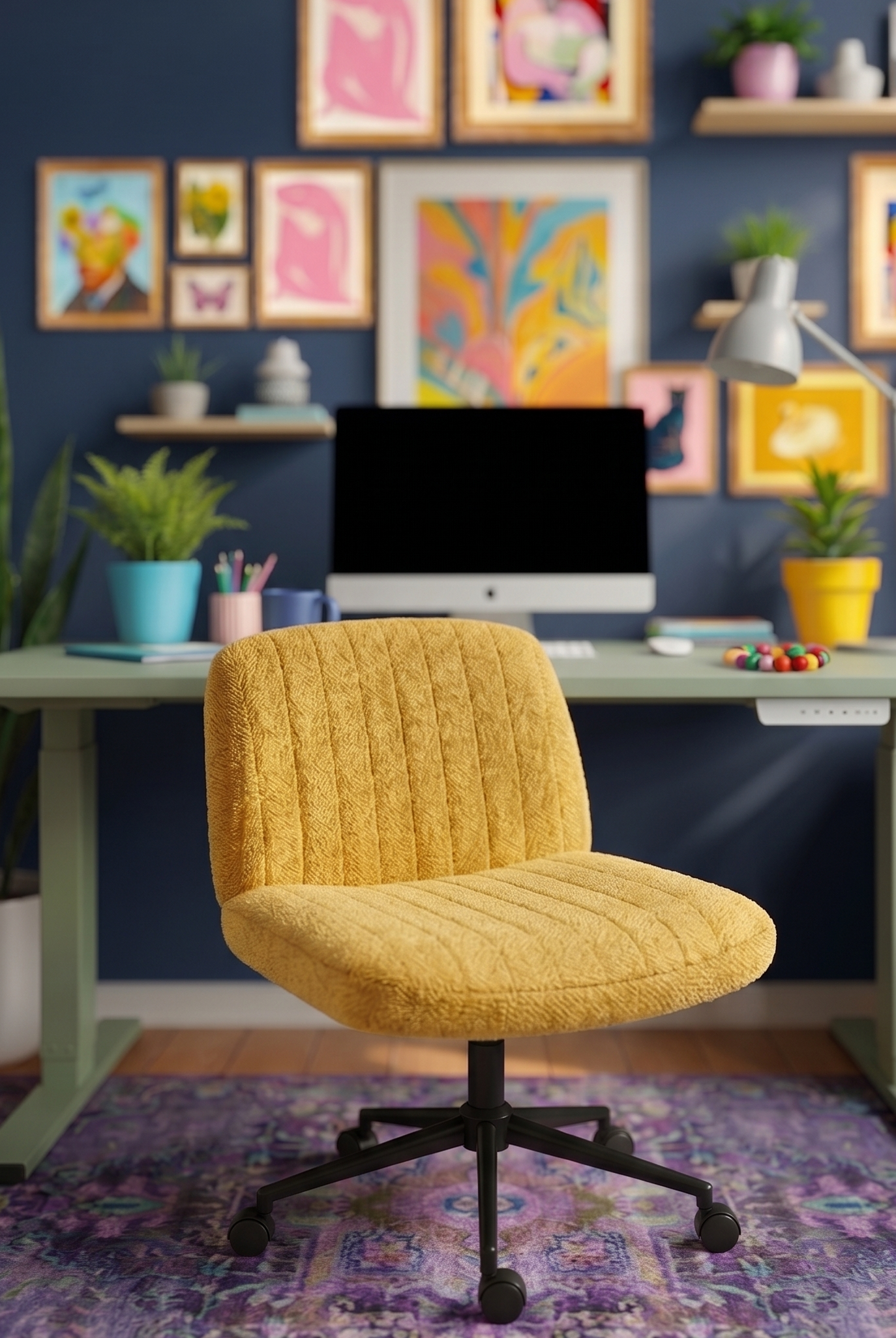 Yellow office chair in colorful home workspace with gallery wall